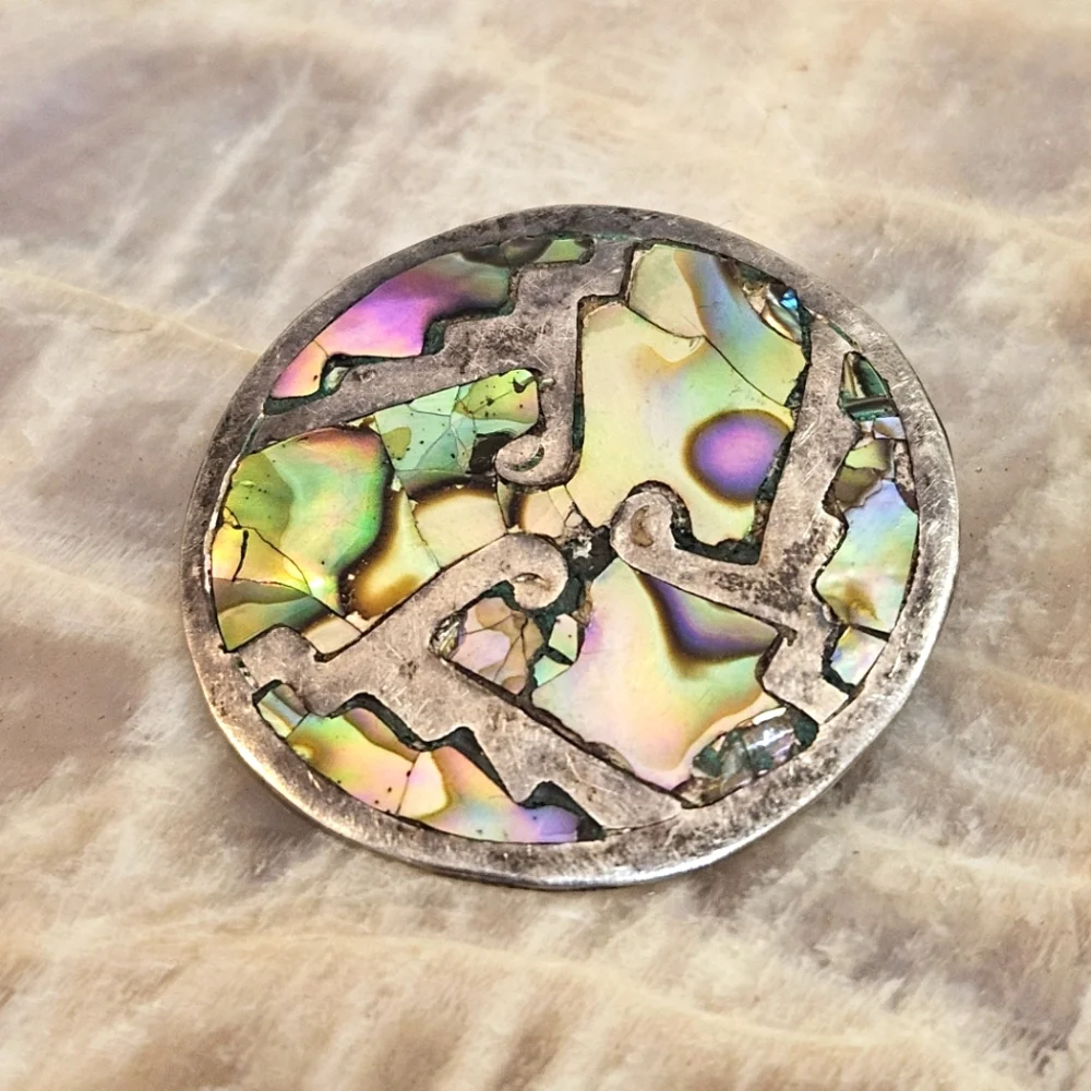 MEXICO 925 Sterling Silver Vintage Abalone Shell Pattern Brooch Pin & Pendant